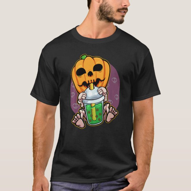 Camiseta Pumpkin Bebendo Boba Lazy Halloween Costume Jack (Frente)