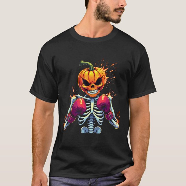 Camiseta Pumpkin Cabeça Esqueleto Boxando Halloween Luta Sp (Frente)