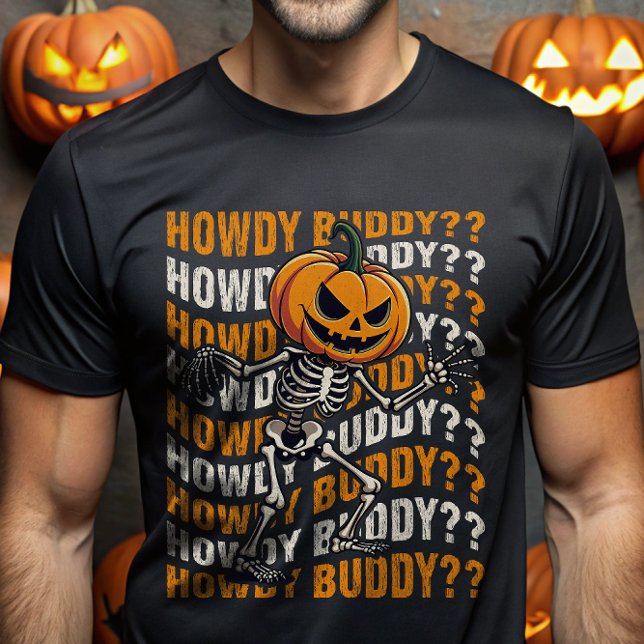 Camiseta Pumpkin Cabeça Esqueleto Howdy Budeen Engraçado (Criador carregado)