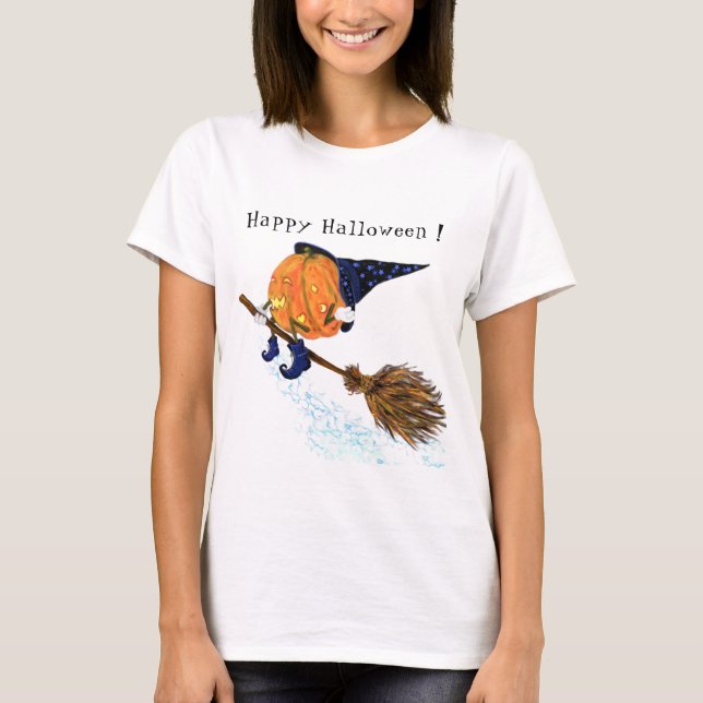 Camiseta Pumpkin de bruxa-camisa do Halloween voando com va (Frente)
