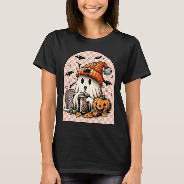 Camiseta Pumpkin de café verde-Bebendo-fantasma (Frente)