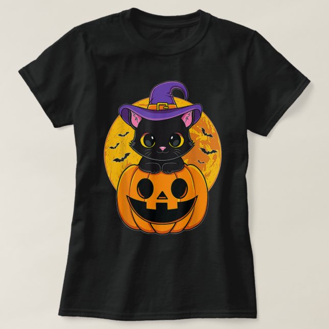 Camiseta Pumpkin De Chapéu De Bruxa Negra De Halloween Para (Frente do Design)