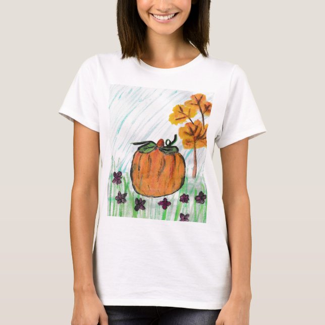 Camiseta Pumpkin de queda branca com flores roxas (Frente)