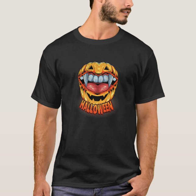 Camiseta Pumpkin Do Halloween Moldado Com Vampiro Assustado (Frente)