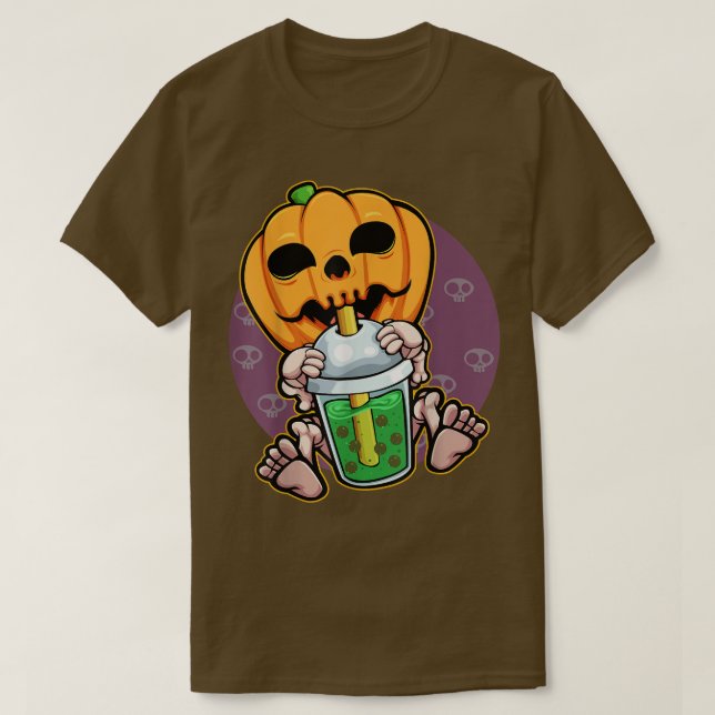 Camiseta Pumpkin Drinking Boba Lazy Halloween Costume Jack  (Frente do Design)