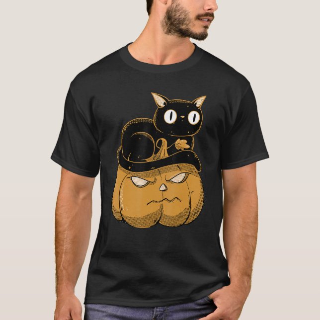 Camiseta Pumpkin E Gatinho Negra De Halloween (Frente)