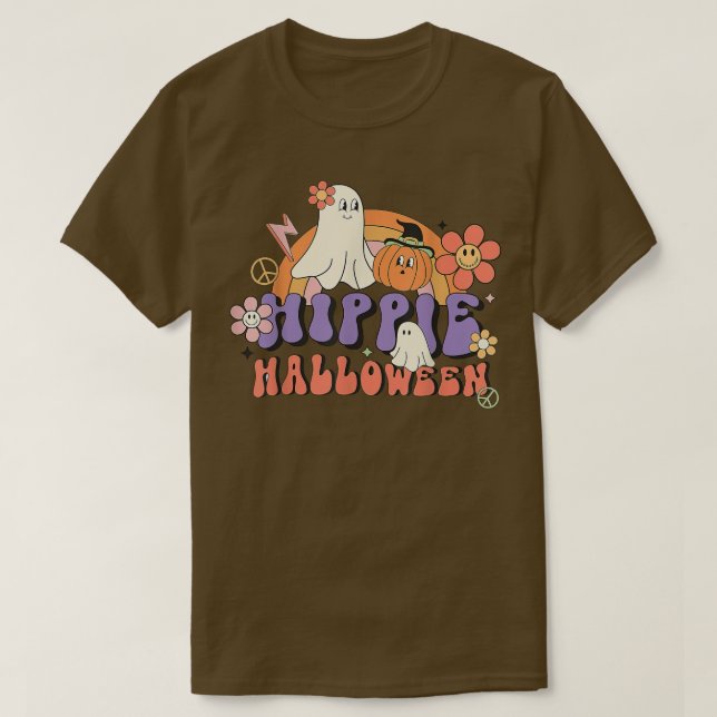 Camiseta Pumpkin Ghost Boo 60s 70s Hippie Halloween Groovy (Frente do Design)