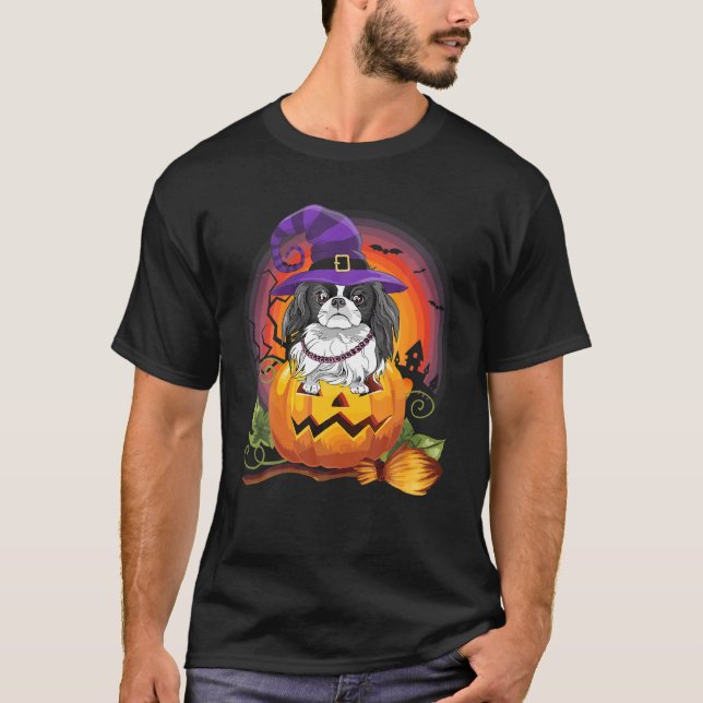 Camiseta Pumpkin Halloween Dog Lover da Bruxa do Chin Japon (Frente)