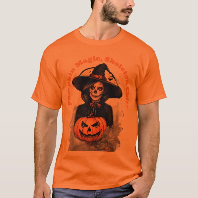 Camiseta Pumpkin Magic, Skeleton Chic - Bruxa de Halloween (Frente)