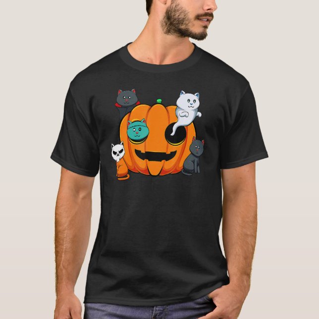 Camiseta Pumpkin Monster Cats Lazy Halloween Costume Cute K (Frente)