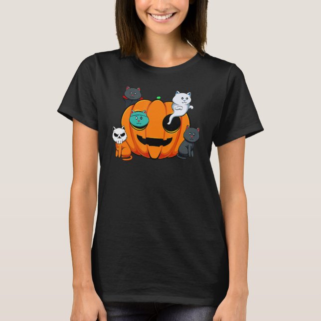 Camiseta Pumpkin Monster Cats Lazy Halloween Costume Cute K (Frente)