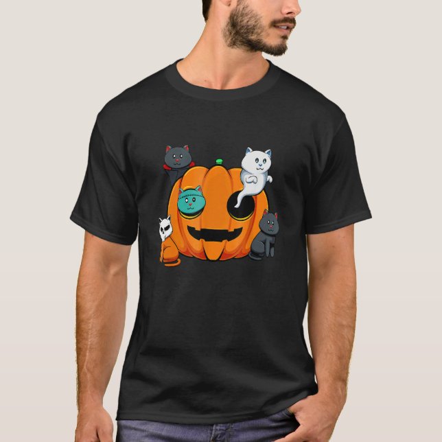 Camiseta Pumpkin Monster Cats Lazy Halloween Costume Cute K (Frente)