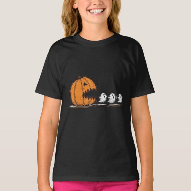 Camiseta Pumpkin Monster perseguindo fantasmas (Frente)
