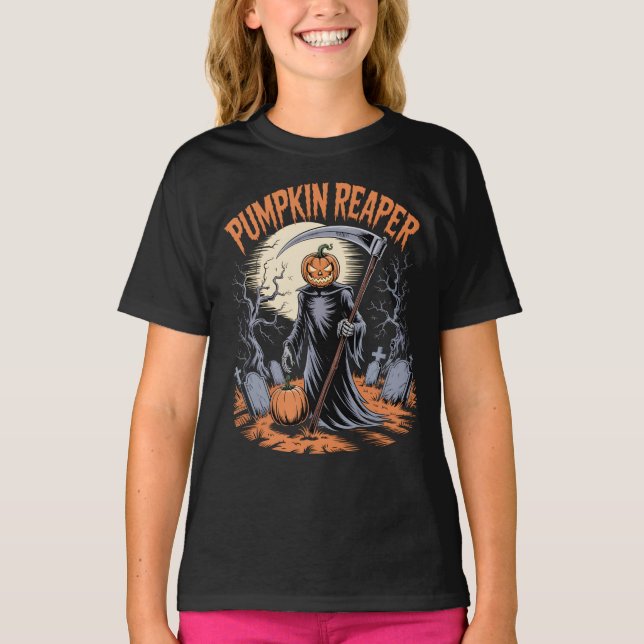 Camiseta Pumpkin Reaper Gothic Halloween Spooky Pumpkin (Frente)