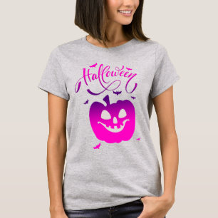 Camiseta Pumpkin Rosa Engraçado Rosto no Dia das Bruxas