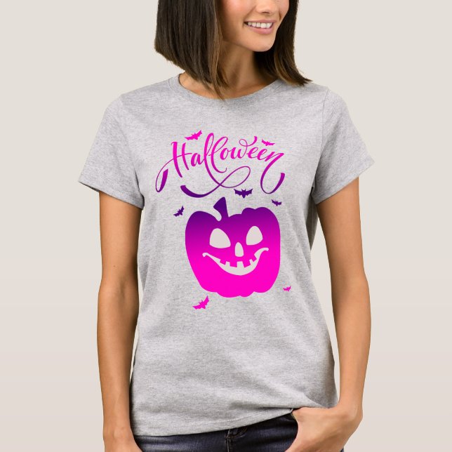 Camiseta Pumpkin Rosa Engraçado Rosto no Dia das Bruxas (Frente)