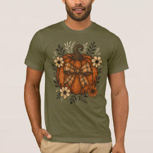 Camiseta Pumpkin Russo com Arco de Xadrez e Flores de Queda