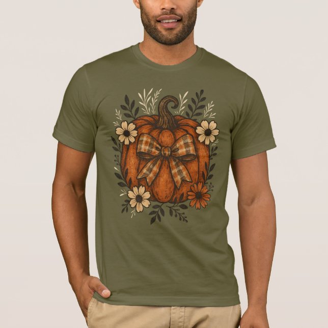 Camiseta Pumpkin Russo com Arco de Xadrez e Flores de Queda (Frente)