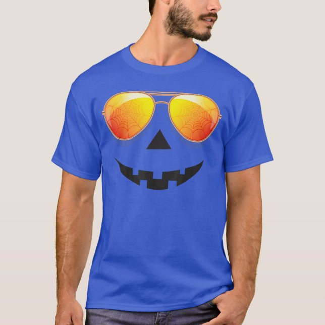 Camiseta Pumpkin Shirt Halloween Sunglasses Spider Web Tric (Frente)