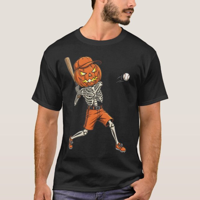Camiseta Pumpkin Skeleton Batting Baseball Funny Halloween  (Frente)