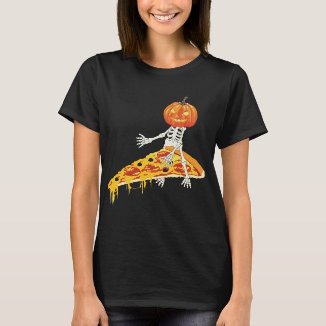 Camiseta Pumpkin Skeleton Pizza Halloween (Frente)