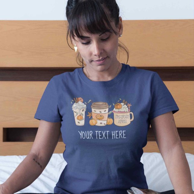 Camiseta Pumpkin Spice Coffee Design Retro Style Queda Folh (Navy blue halloween tshirt. Coffee Shirt, Fall pumpkin spice shirt in navy blur for women)