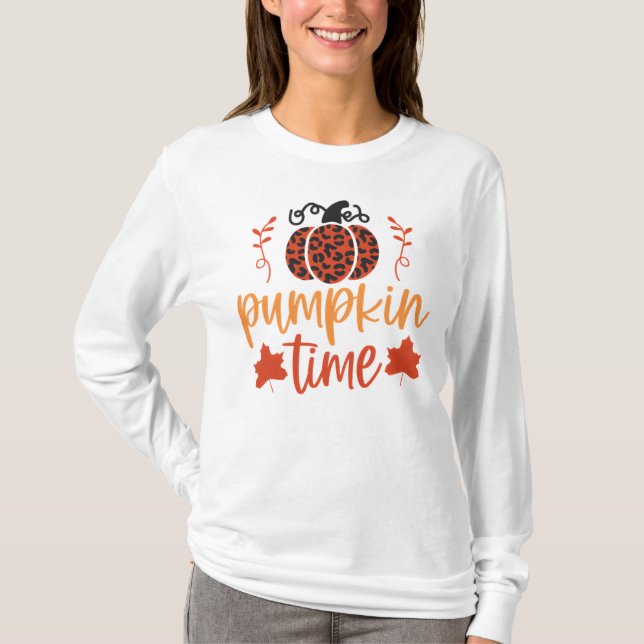 Camiseta Pumpkin Time Autumn Lepard Impressão Floral (Frente)