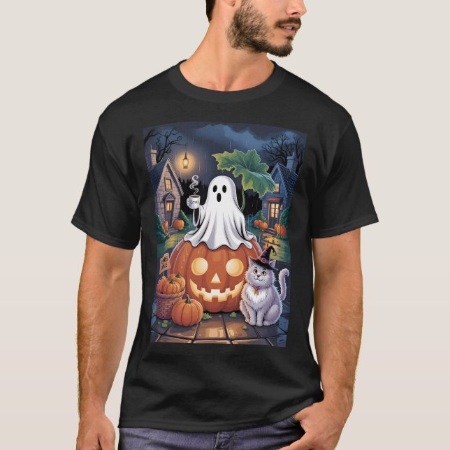 Camiseta Pumpkins For Sale & Caffeine Ghost With Cat (Frente)