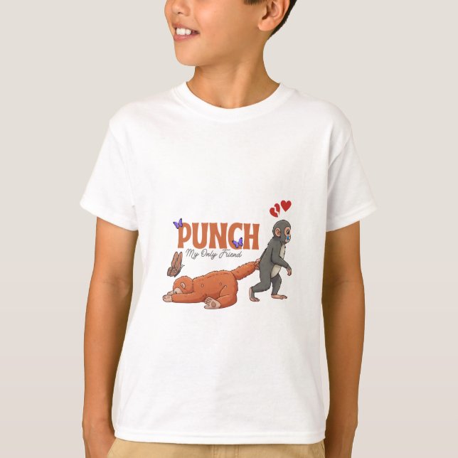 Camiseta ‏Punch‑kun & Plush Monkey – Kawaii para Crianças (Frente)