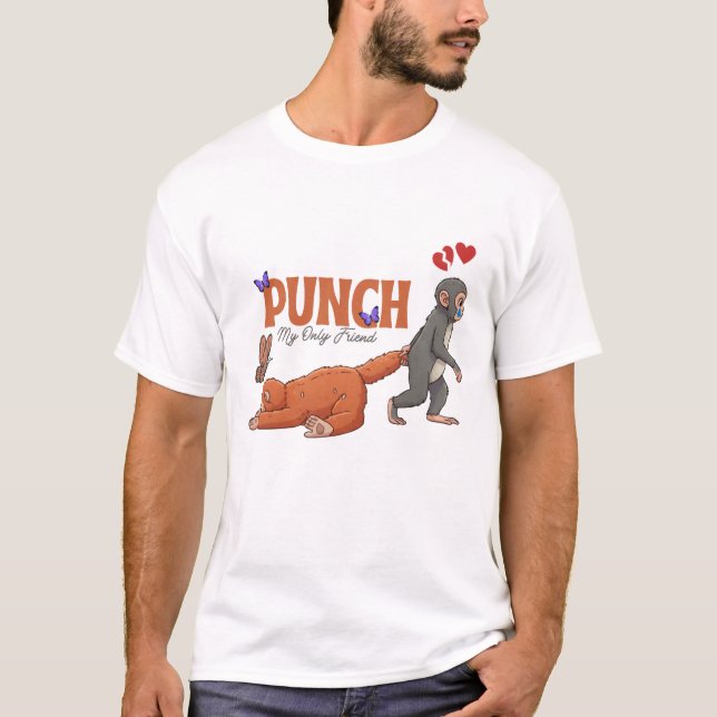 Camiseta ‏Punch‑kun & Plush Monkey – Kawaii para Crianças (Frente)