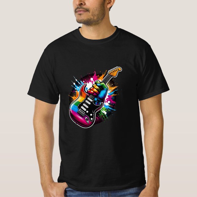 Camiseta Punho de Violão Vibrado de Explosão Arco-Íris (Frente)