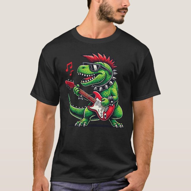Camiseta Punk Dinosaur Rock'n Roll Goth Dino Lover Guitar B (Frente)