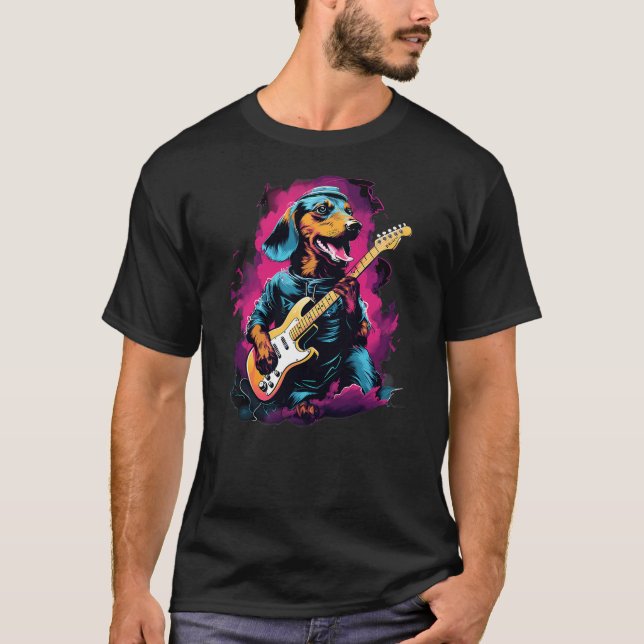 Camiseta Punk Rock Guitar Dachshund Dog Guitarist (Frente)