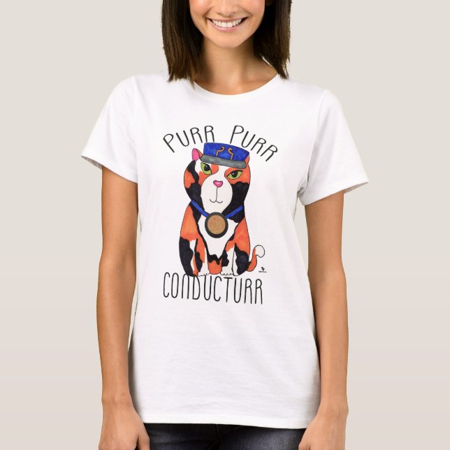 Camiseta Purly Fun Calico Cat Train Conductor (Frente)
