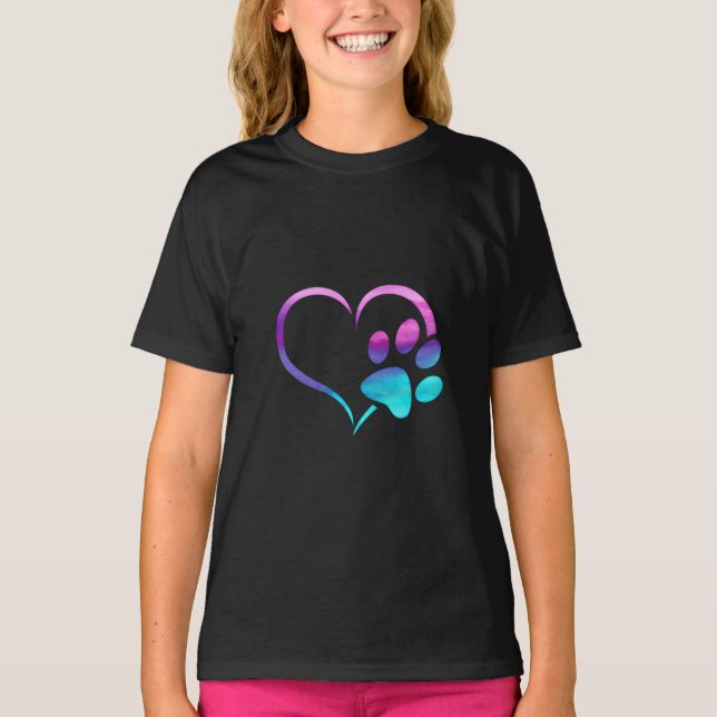 Camiseta Purple Cyan Dog paw Print Heart  (Frente)