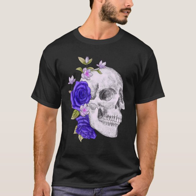Camiseta Purple Floral Black Sugar Skull Day Of The Dead I (Frente)