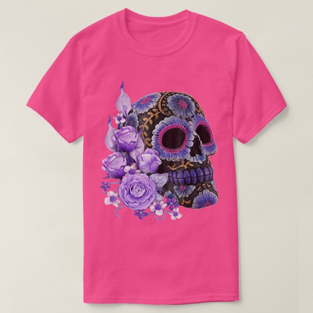 Camiseta Purple Floral Black Sugar Skull Dia Do Morto (Frente do Design)