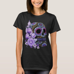 Camiseta Purple Floral Black Sugar Skull Dia Dos Mortos