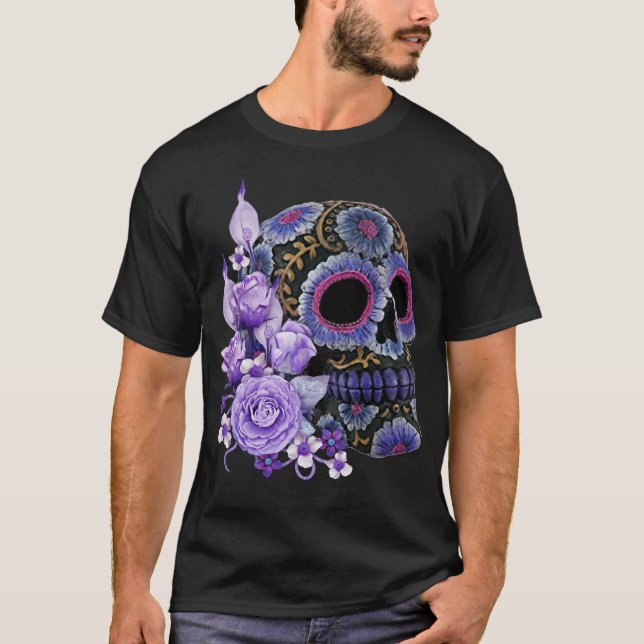 Camiseta Purple Floral Black Sugar Skull Dia Dos Mortos (Frente)