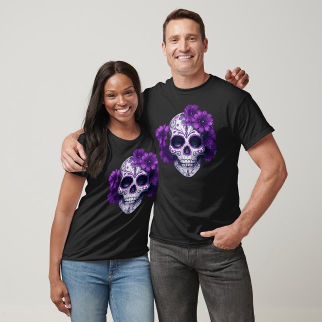 Camiseta Purple Floral Black Sugar Skull Dia Dos Mortos (Unissex)