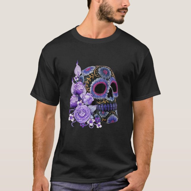 Camiseta Purple Floral Black Sugar Skull Dia Dos Mortos T (Frente)