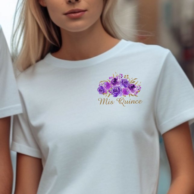 Camiseta Purple Floral e Dourada Leaf Mis Quince (Mis Quince Purple floral t-shirt from my Rose and Gold Leaf quinceanera collection)
