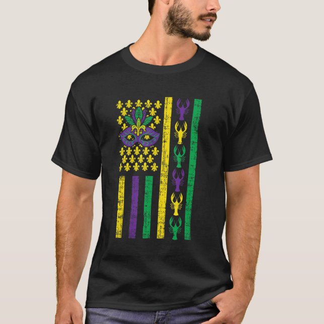Camiseta Purple Green Yellow Us Flag Crawfish Jester Funny  (Frente)
