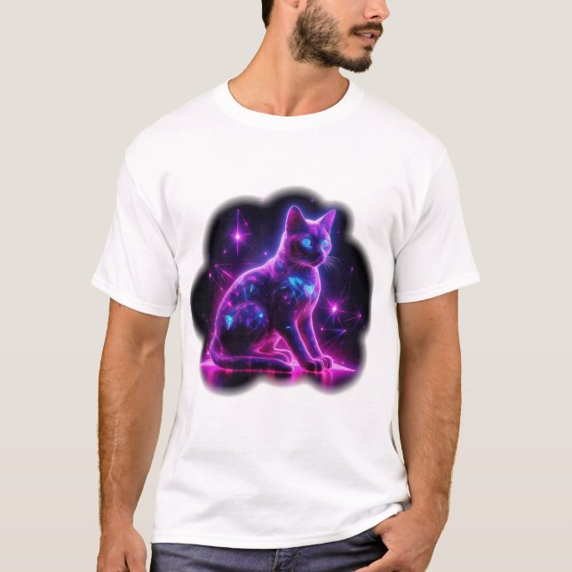 Camiseta Purple Neon Siamese Cat With Blue Eyes & Starburst (Frente)