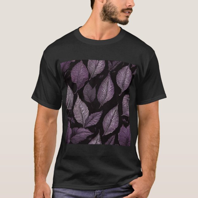 Camiseta "Purple Palm Leaf Black Tee - Coastal Elegance Shi (Frente)