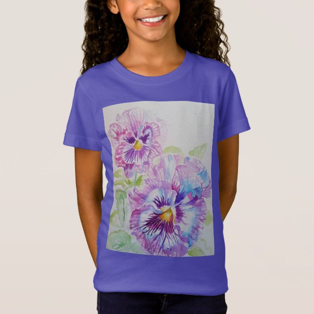 Camiseta Purple Pansy floral aquarela Girls T Shirt (Frente)