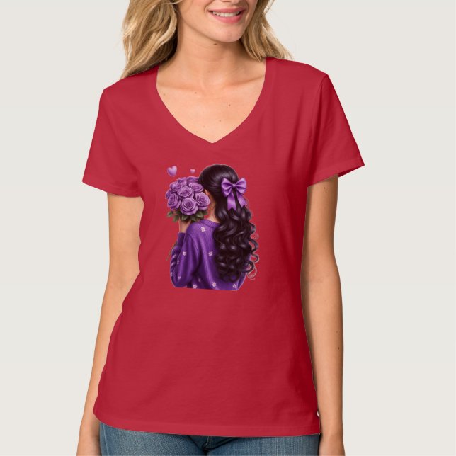 Camiseta Purple Rose Bouquet Girl Digital Art (Frente)