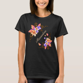 Camiseta Púrpura Amarela Flores Abstrato de Padrão de Aquar