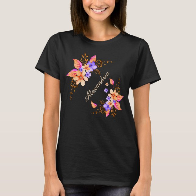 Camiseta Púrpura Amarela Flores Abstrato de Padrão de Aquar (Frente)