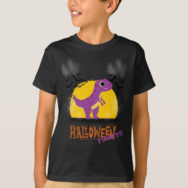 Camiseta Púrpura e Laranja Dinossauro Caça no Halloween (Frente)